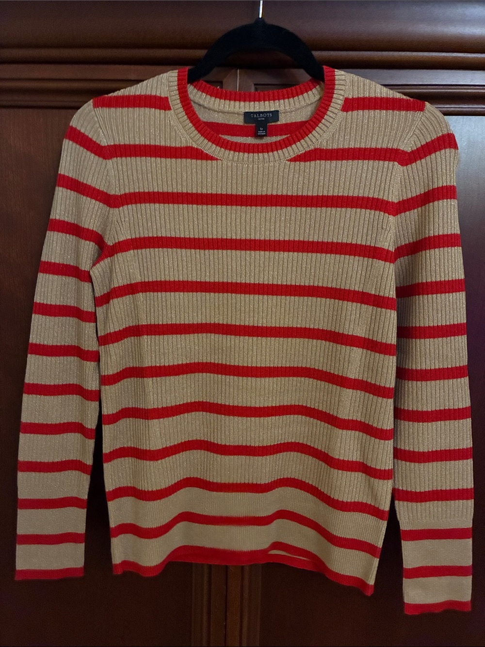Talbots womens Beige and Red Striped Ribbed Sweater